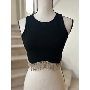 Black Rib Stretch Sleeveless Rhinestone Dangle Crop Top Western Glam